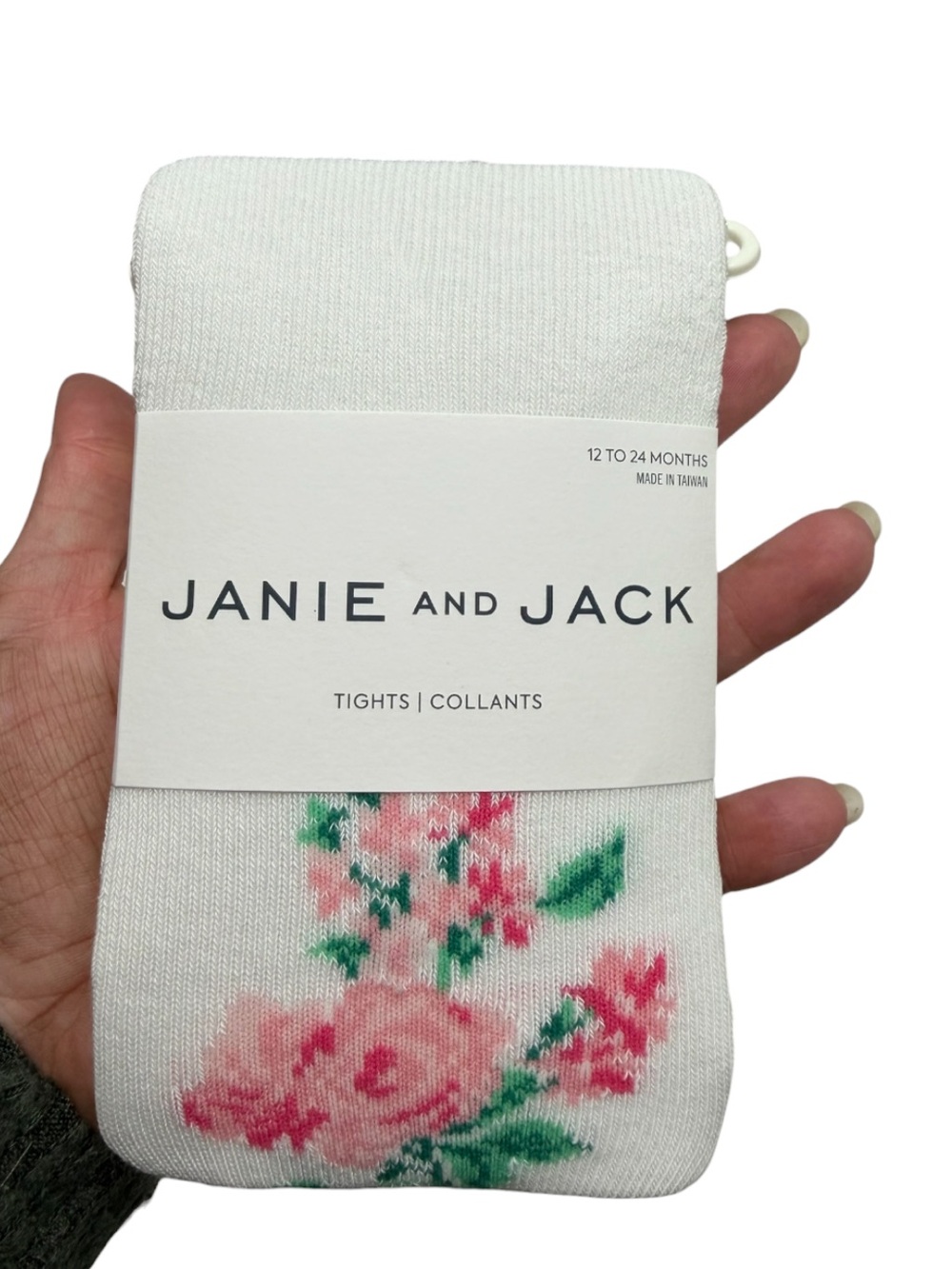 Janie and Jack White Tights with Pink and Green Floral Design